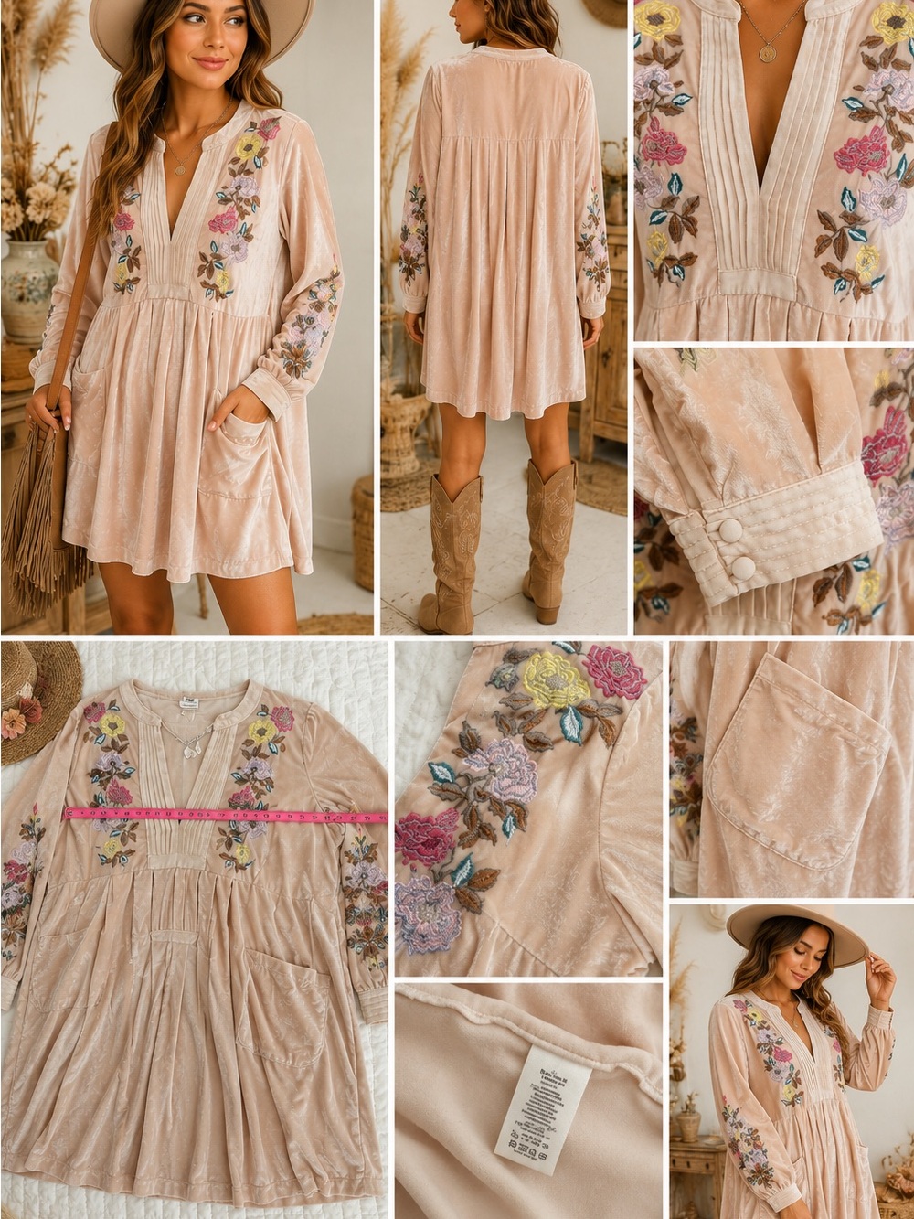 Free People Blush Embroidered V-Neck Mini Dress